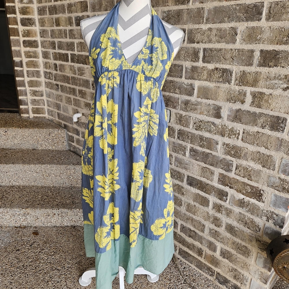 Y2K Tocca Blue Yellow Floral Cotton Halter Midi Dress Smocked Back Size 4 beachy